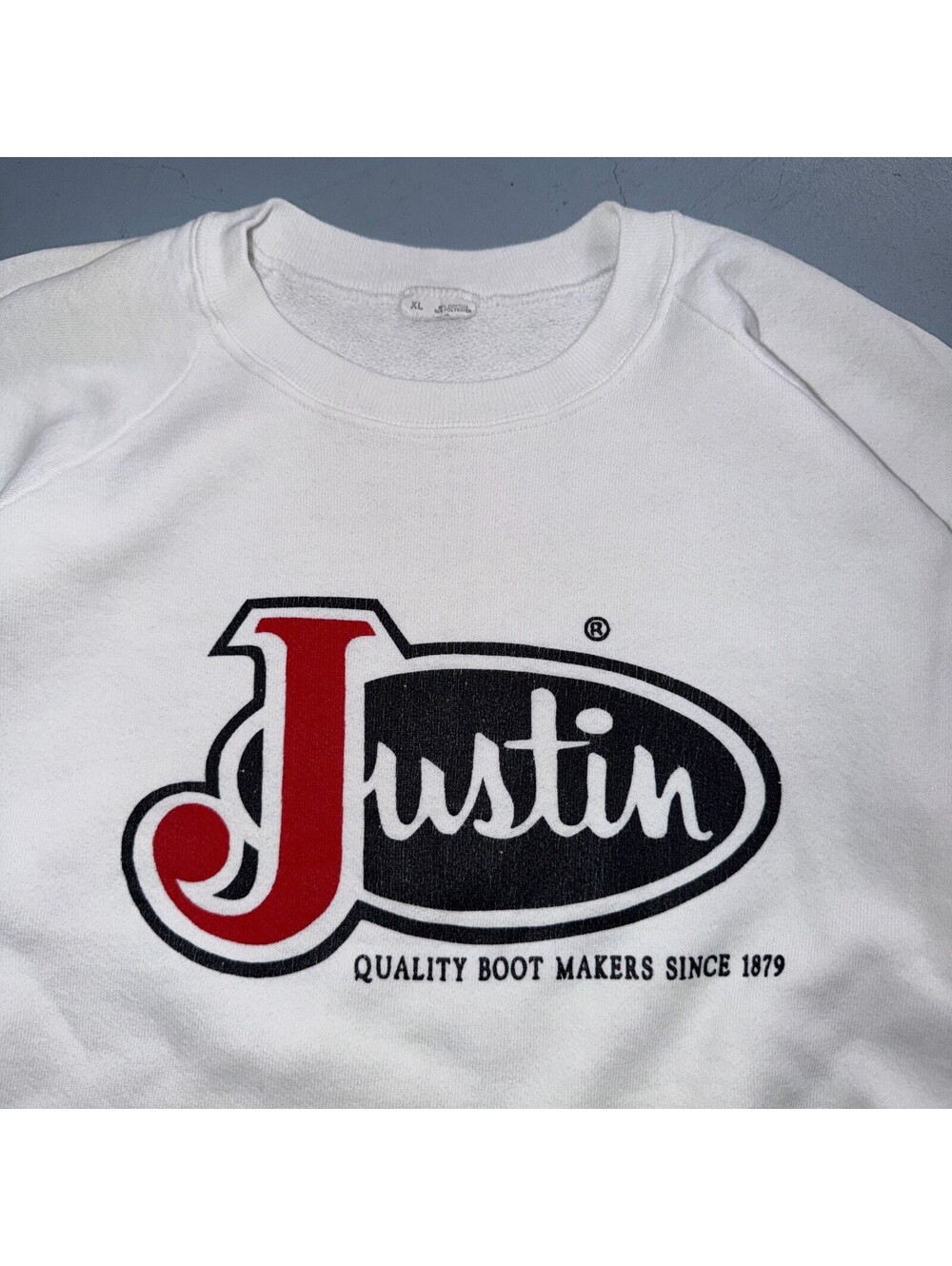 VTG Justin Boots Logo Promo Sweatshirt White Western Cowboy USA XL 1980s 80s - Picture 2 of 13